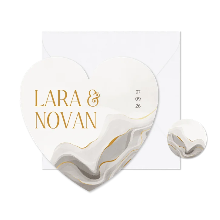 Trouwkaart in hartvorm stijlvol met marmereffect