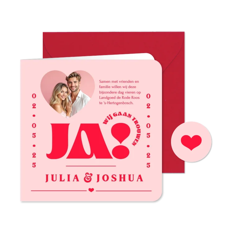 Trouwkaart 'Ja' grafisch modern hip roze rood romantisch