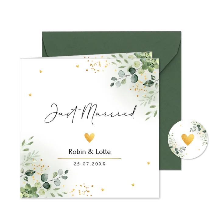 Trouwkaart just married botanisch groen blaadjes goudlook