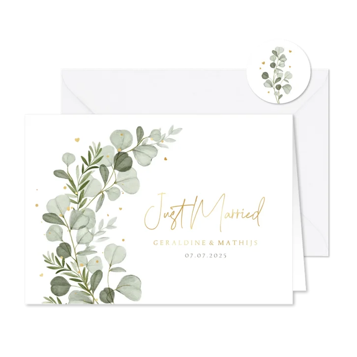 Trouwkaart just married eucalyptus hartjes goud stijlvol