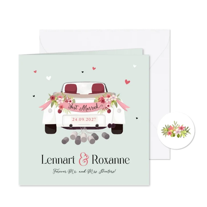 Trouwkaart just married pas getrouwd vintage oldtimer 