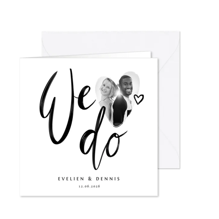 Trouwkaart kalligrafie we do zwart wit foto