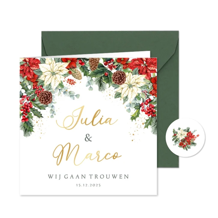 Trouwkaart kerstster met kersttakken