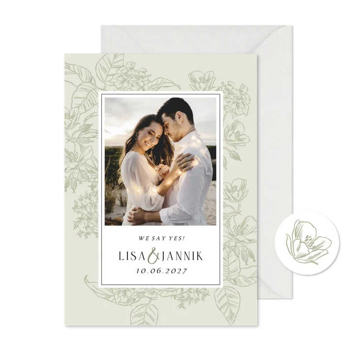 Trouwkaart klassiek botanisch foto kader lijnillustratie