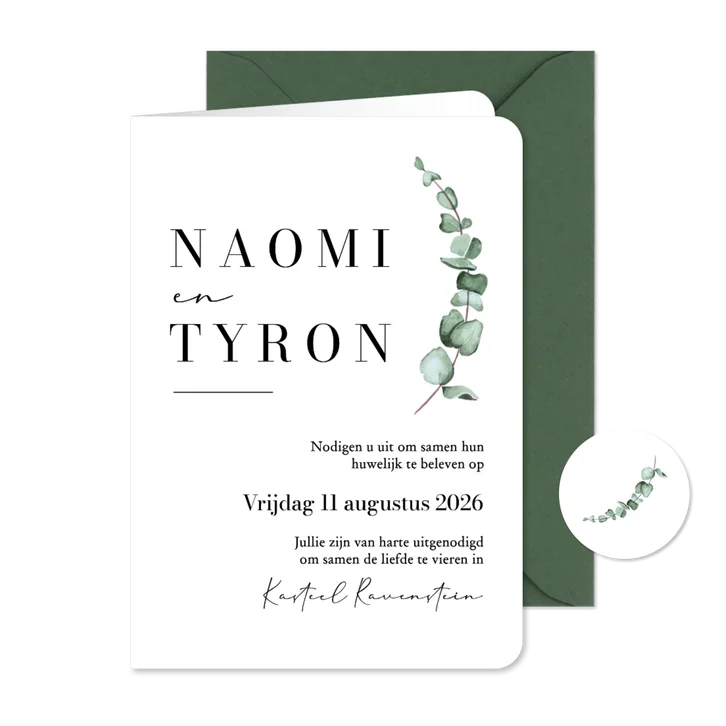 Trouwkaart klassiek eucalyptus stijlvol typografisch