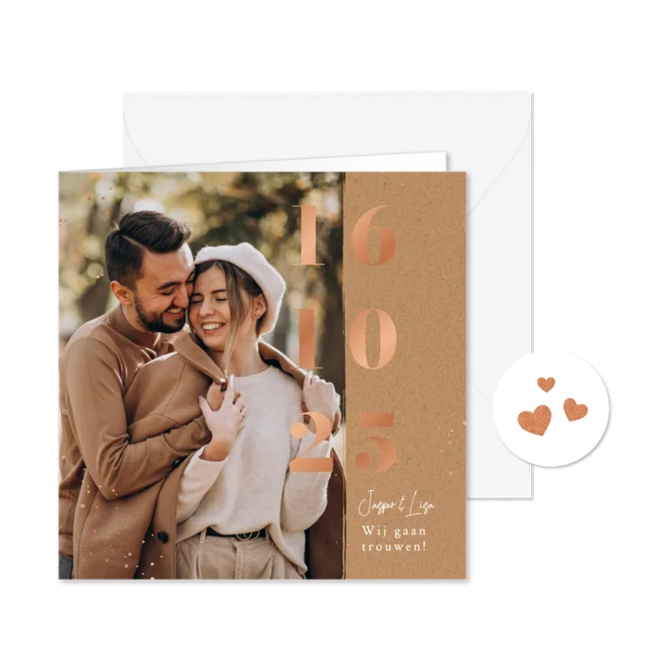 Trouwkaart kraft foto trouwdatum stijlvol modern