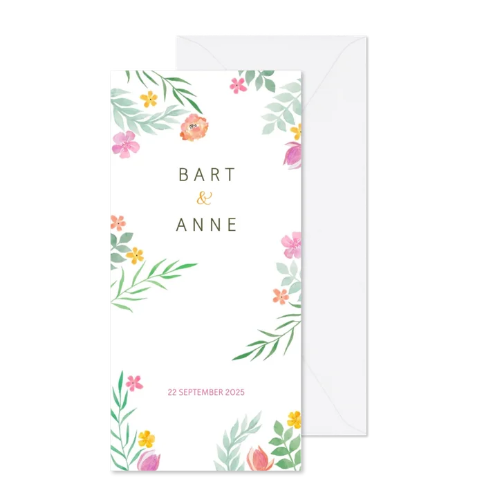Trouwkaart langwerpig kleurrijk botanisch