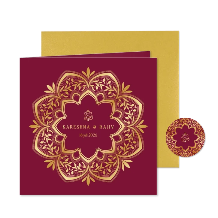Trouwkaart leafy mandala met goudfolie en Ganesha icoon