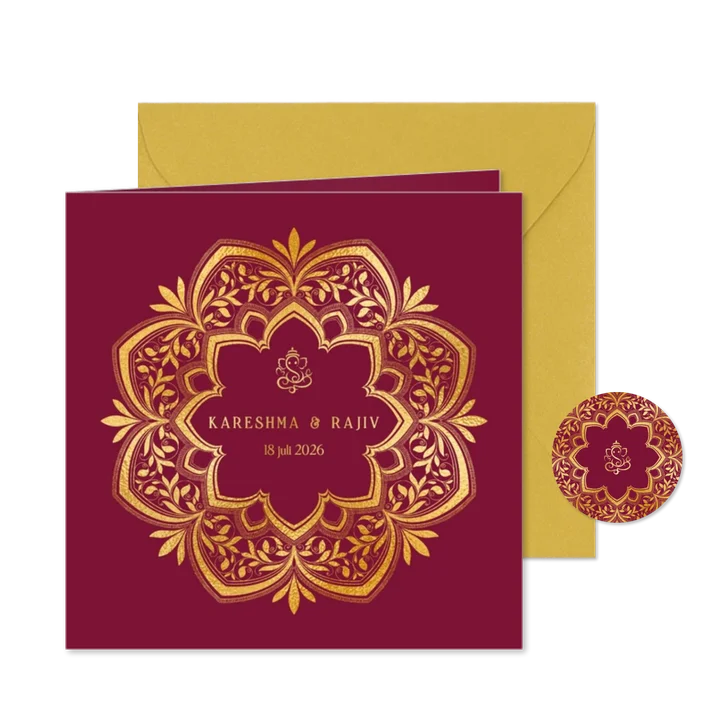 Trouwkaart leafy mandala met goudfolie en Ganesha icoon