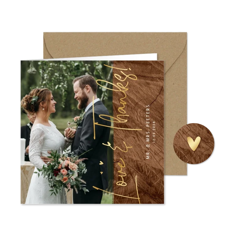 Trouwkaart love and thanks hout goud foto hartjes