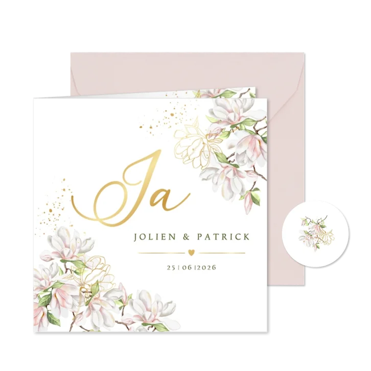 Trouwkaart magnoliatakken met goudfolie