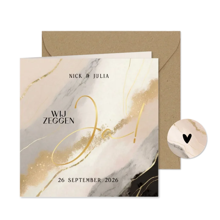 Trouwkaart marmerlook beige zwart en goud wij zeggen ja