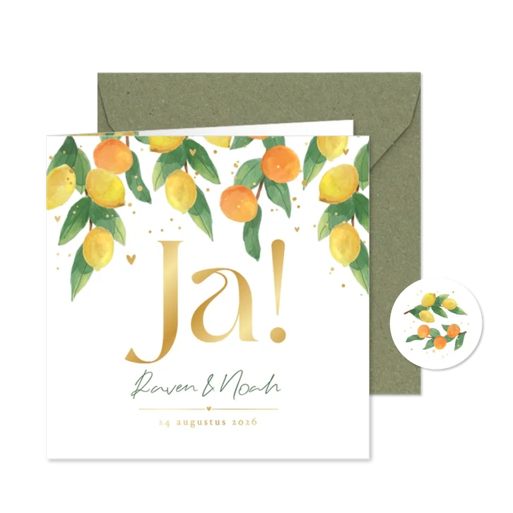 Trouwkaart mediterrane citroenen mandarijnen goud hartjes