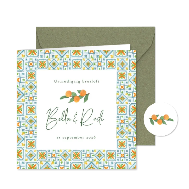 Trouwkaart mediterrane tegeltjes mandarijnen