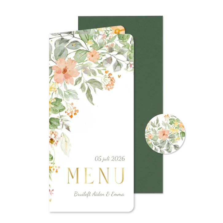 Trouwkaart menu bloemen in de hoek romantisch goudfolie