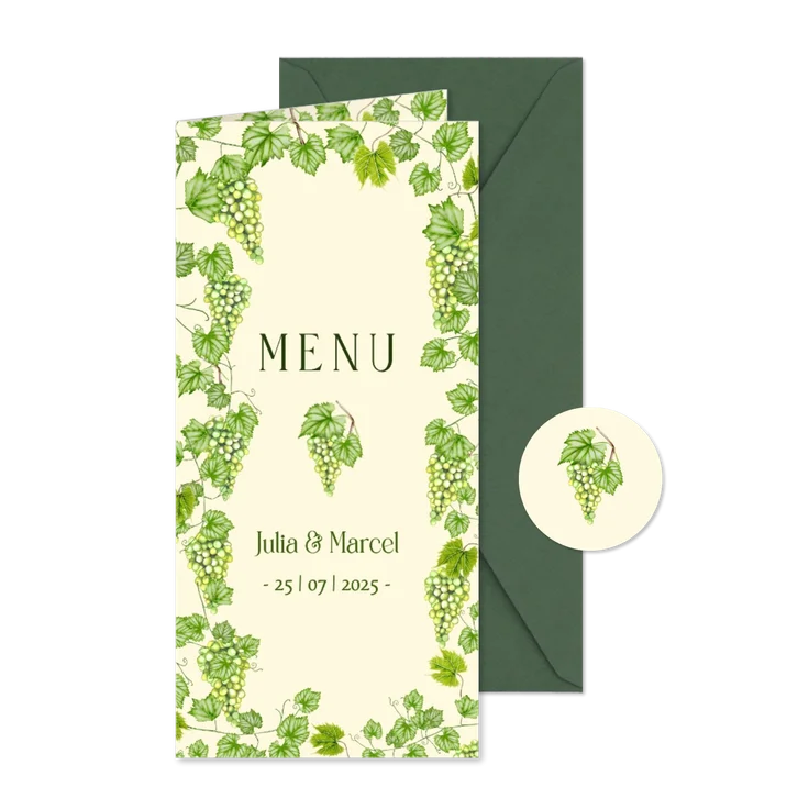 Trouwkaart menu groene druiven met goudfolie