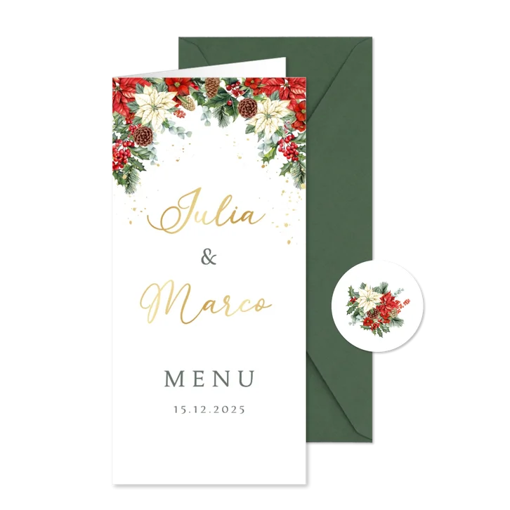Trouwkaart menu kerststerren met kersttakken