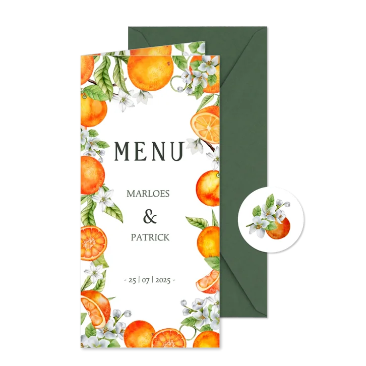 Trouwkaart menu sinaasappels met bloesem