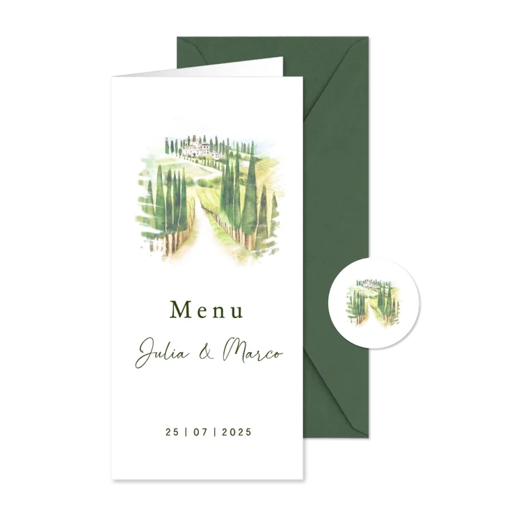 Trouwkaart menu Toscane landschap