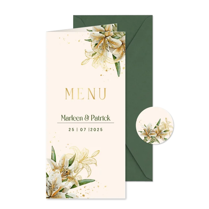 Trouwkaart menu witte lelies goudfolie
