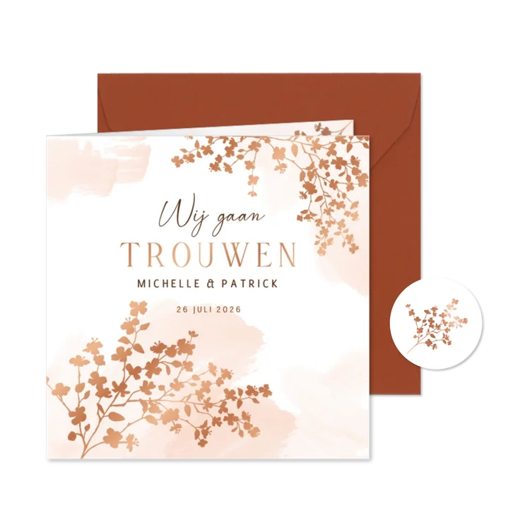 Trouwkaart met bloesem in koperfolie aquarel