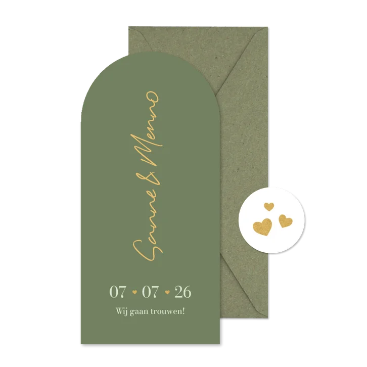 Trouwkaart met boog groen minimalistisch goud hartjes
