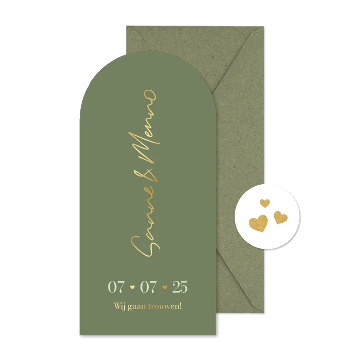 Trouwkaart met boog groen minimalistisch goud hartjes