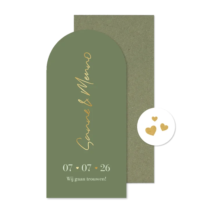 Trouwkaart met boog groen minimalistisch goud hartjes