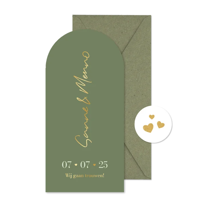 Trouwkaart met boog groen minimalistisch goud hartjes
