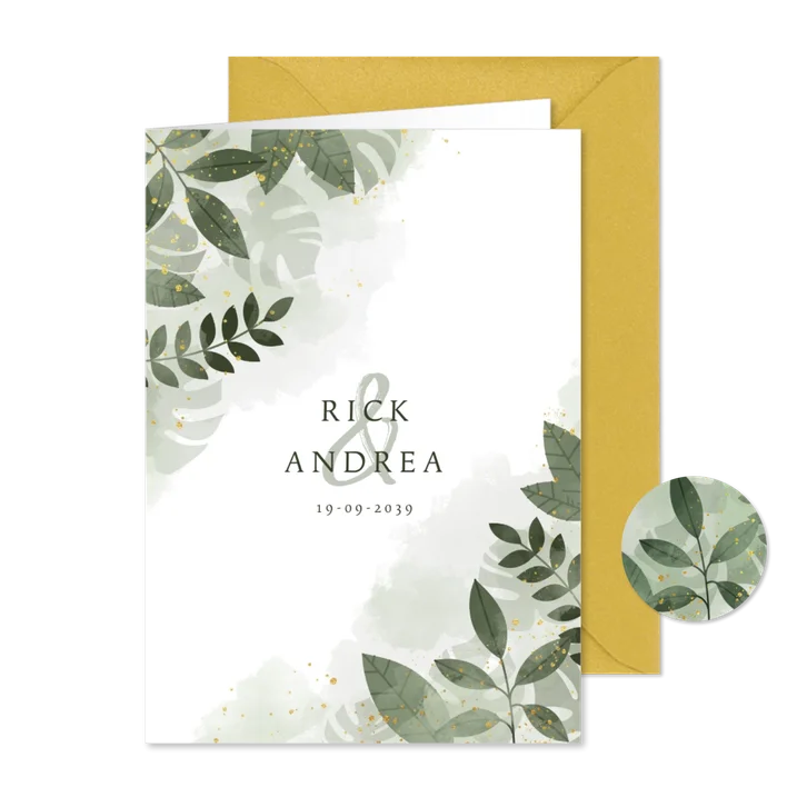 Trouwkaart met botanisch thema, waterverf en gouden spetters
