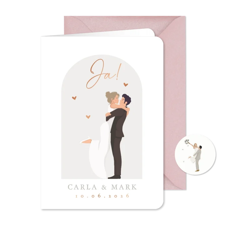 Trouwkaart met bruidspaar en boogachtergrond