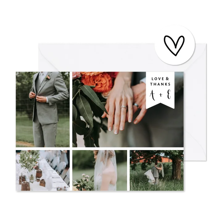 Trouwkaart met fotocollage en label met namen liggend