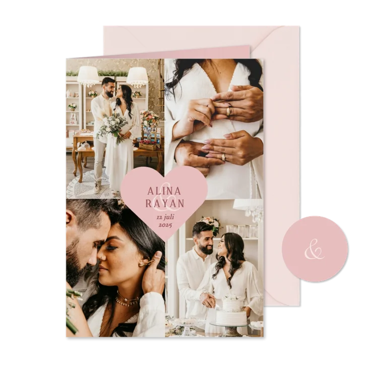 Trouwkaart met foto's bedankt met roze hartje