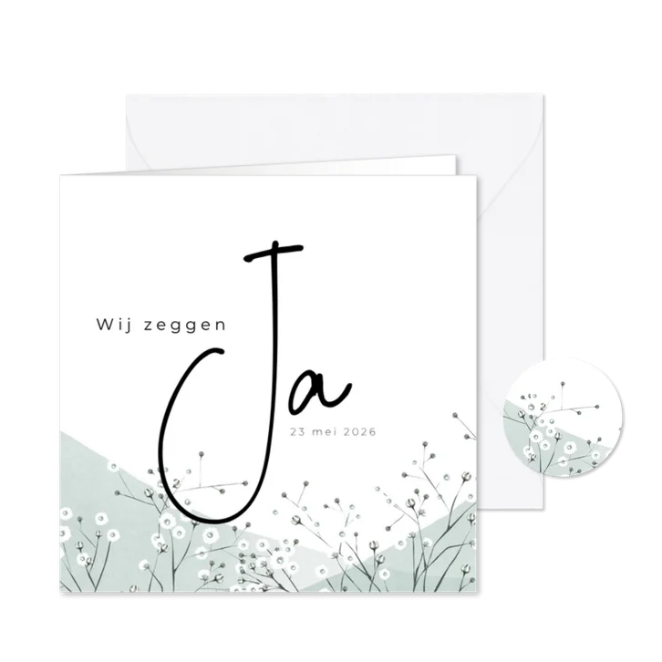 Trouwkaart met Gipskruid en 'Ja'