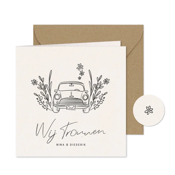 Trouwkaart met illustratie van auto en bloemen