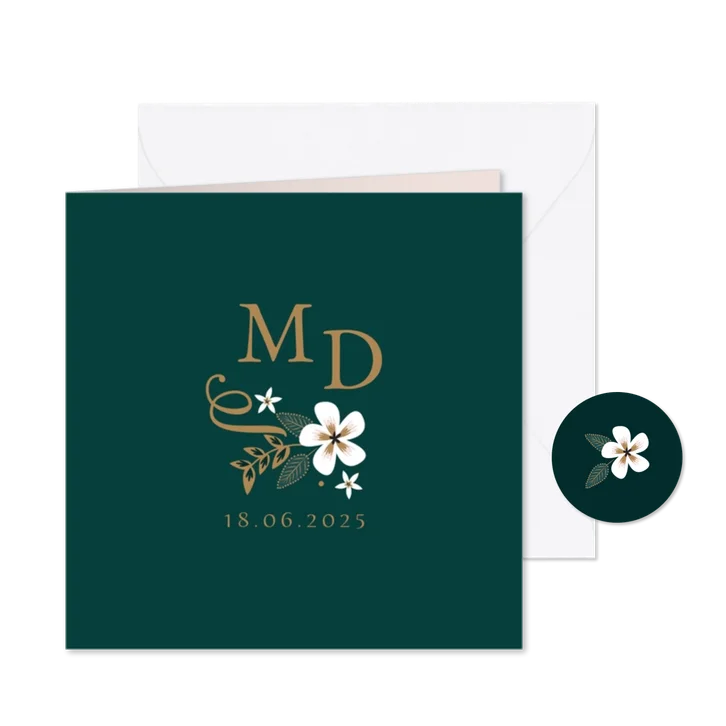 Trouwkaart met initialen en bloemen