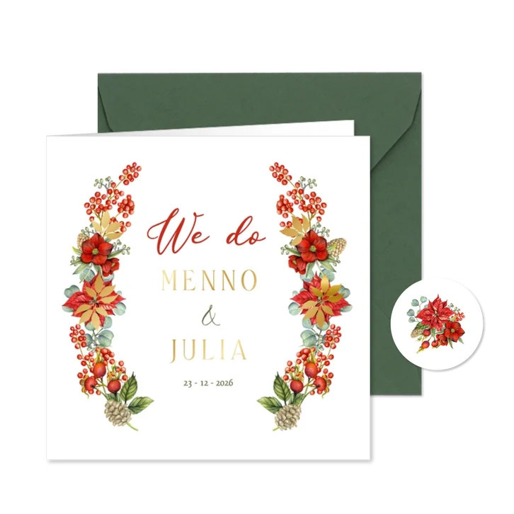 Trouwkaart met kerstrozen en euqalyptus en echte folie