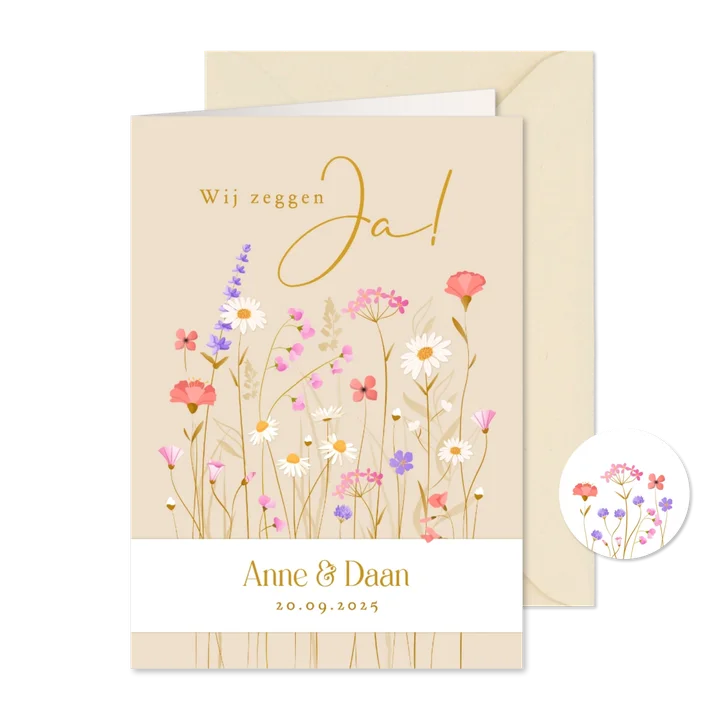 Trouwkaart met sierlijke wilde bloemen en wikkel effect 