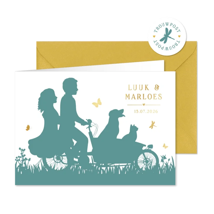 Trouwkaart met silhouet bakfiets met hond en/of kat