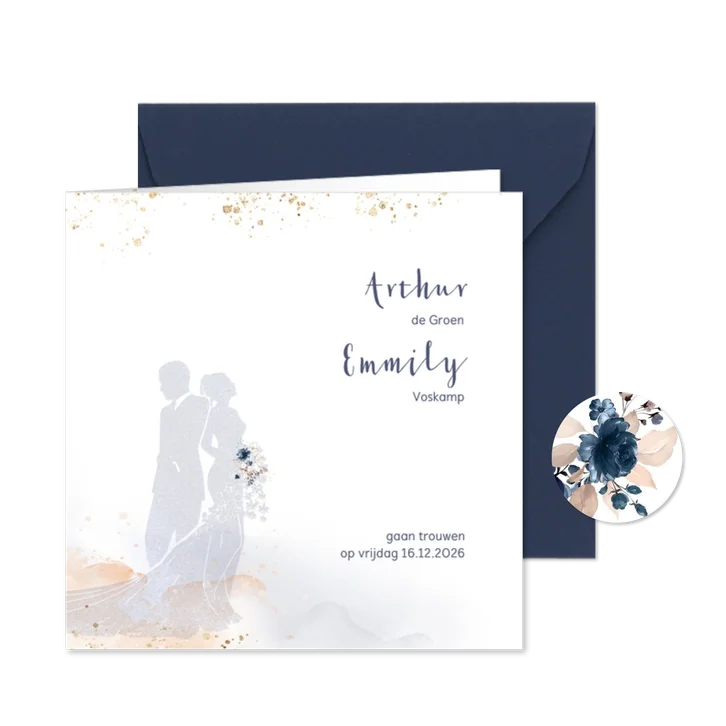 Trouwkaart met silhouet bruidspaar