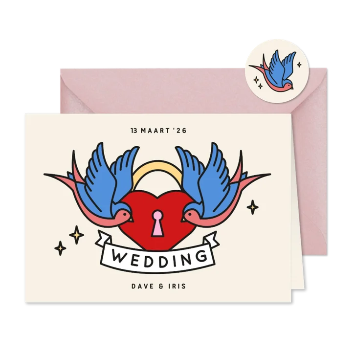 Trouwkaart met tattoo style illustraties zwaluw en slotje