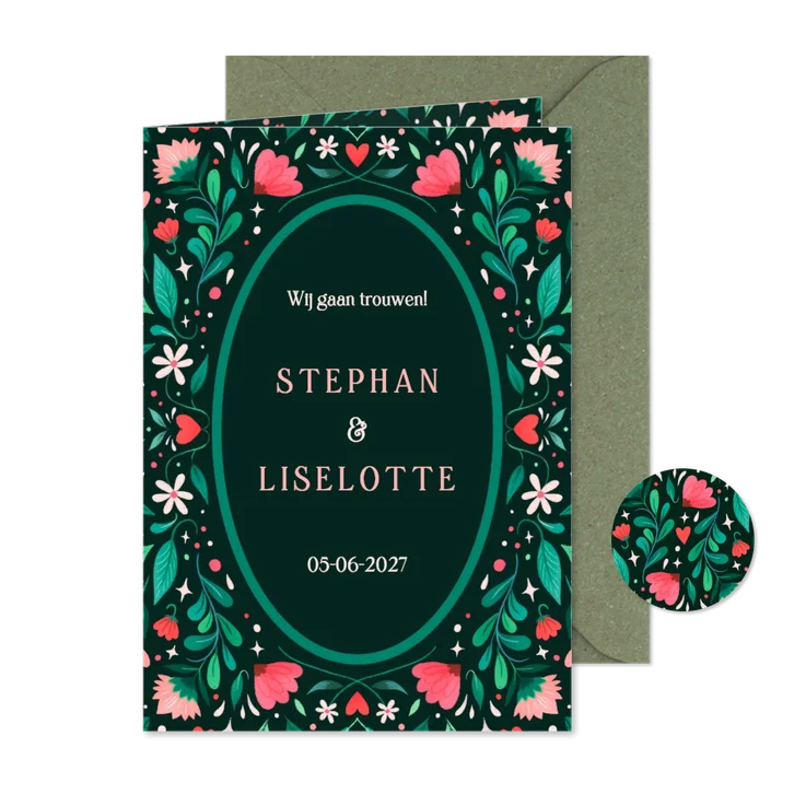 Trouwkaart met vrolijk geïllustreerd bloemenkader