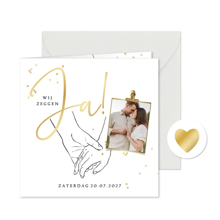 Trouwkaart minimalistisch lijntekening handen hartjes goud