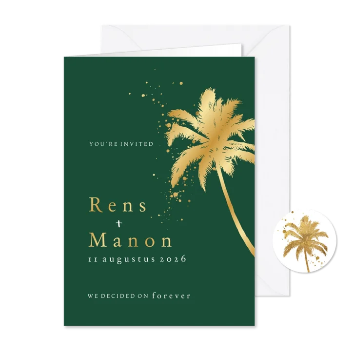 Trouwkaart minimalistisch palmboom foliedruk goud spetters