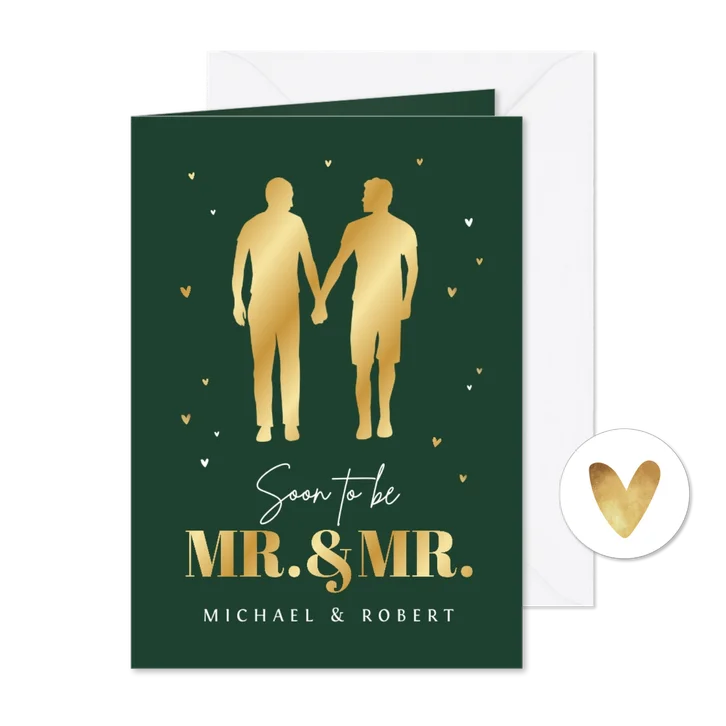 Trouwkaart mr and mr goud hartjes silhouetten mannen