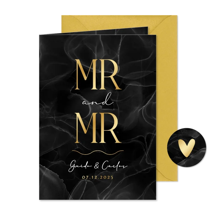 Trouwkaart mr. and mr. marmer zwart stijlvol goud