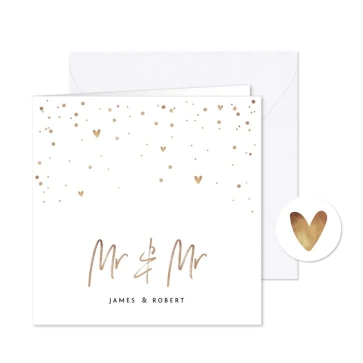 Trouwkaart Mr & Mr met goudlook tekst, confetti en hartjes
