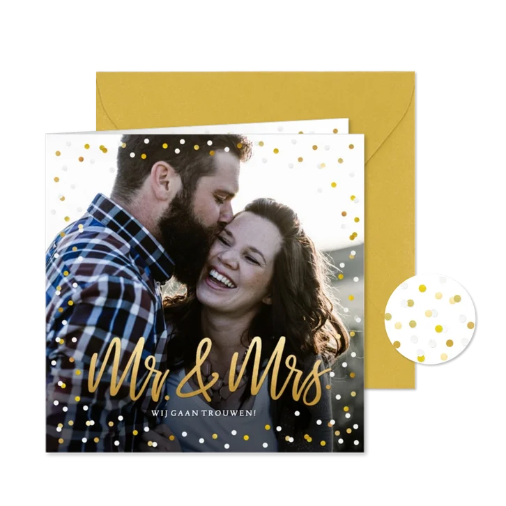 Trouwkaart Mr & Mrs goud - met eigen foto en confetti kader