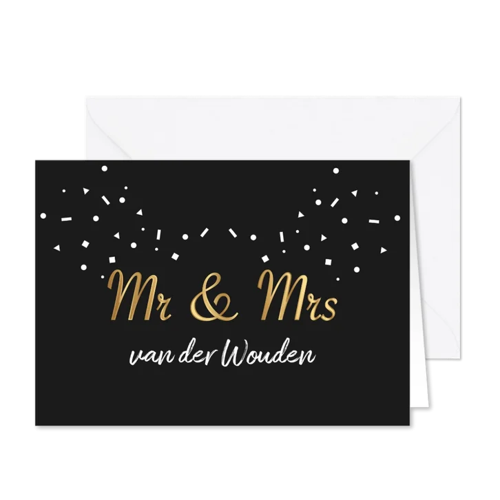 Trouwkaart mr & mrs goud zwart confetti