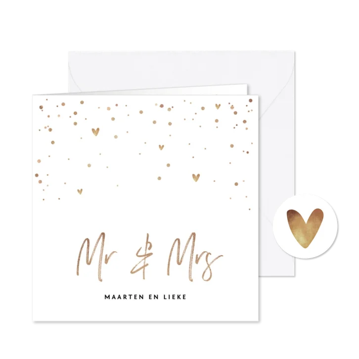 Trouwkaart Mr & Mrs met goudlook tekst, confetti en hartjes